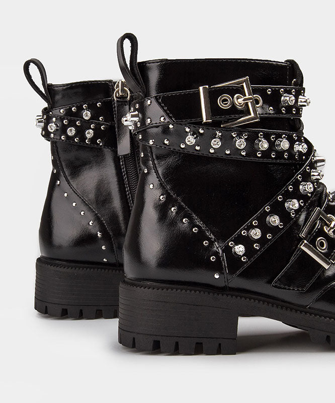 Black Cowhide Leather Splicing Lace Up Rivet Boots