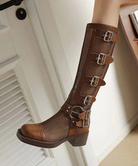 Splicing Chunky Hollow Out Breathable Boots Beige Genuine Leather