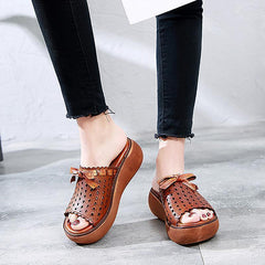 Leather Vintage Hollow Out Wedge Casual Slippers