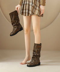 Brown Cowhide Leather Wrinkled Splicing Platform Boots