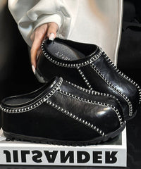 Casual Comfy Splicing Platform Black Cowhide Leather Slide Sandals