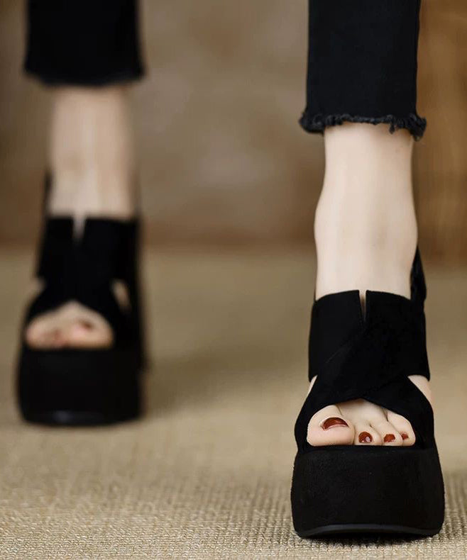 Stylish Splicing Wedge Heels Sandals Black Suede Peep Toe