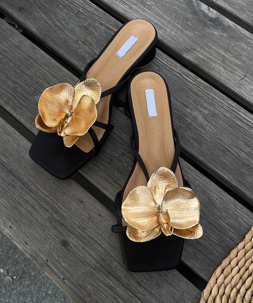 Black Chunky Faux Leather Stylish Floral Splicing Slide Sandals