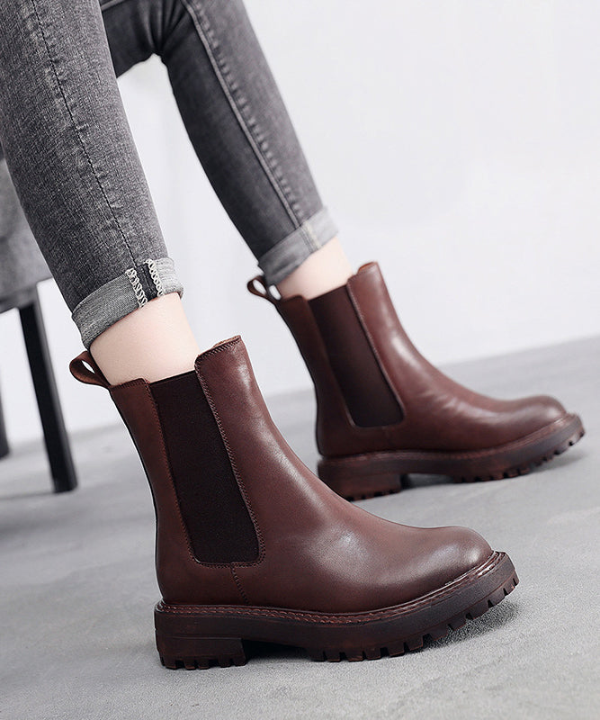 Brown Chunky Cowhide Leather Fitted Splicing Boots