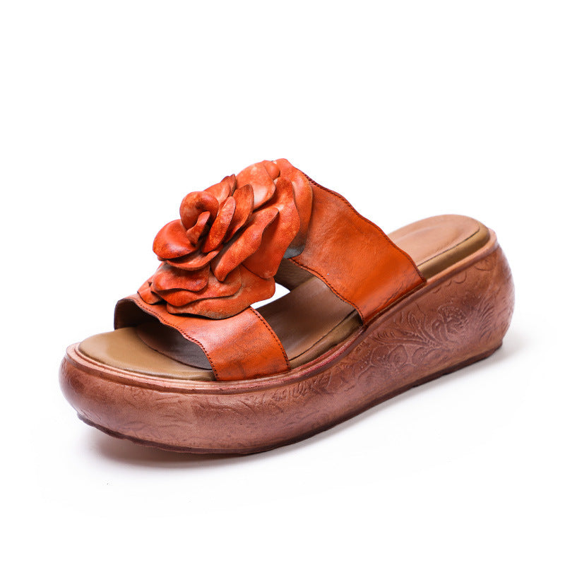 Summer Vintage Leather Floral Platform Slippers