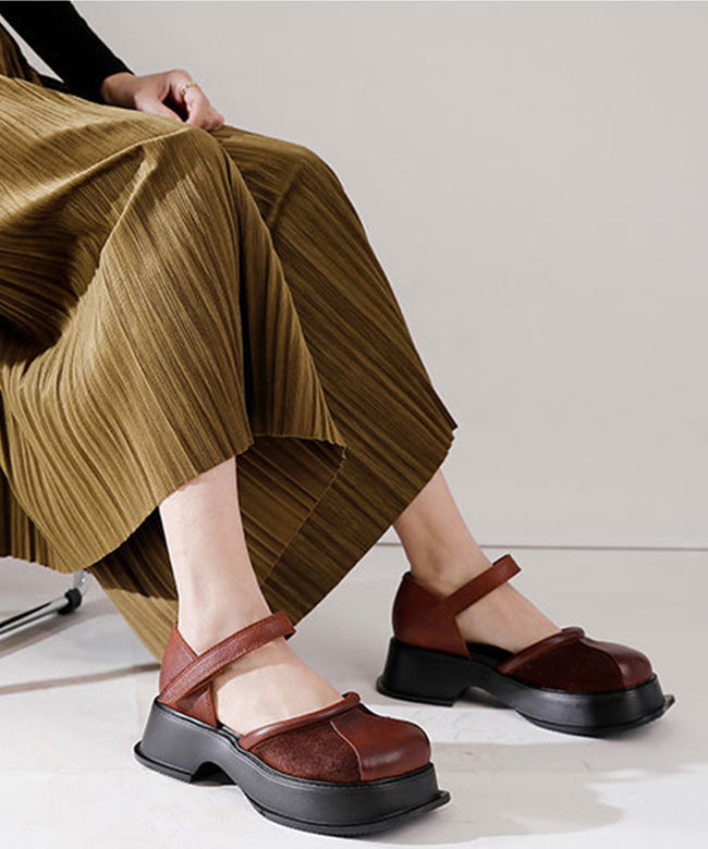 Vintage Cowhide Leather Splicing Platform Buckle Strap Loafer Shoes