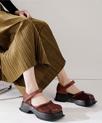 Vintage Cowhide Leather Splicing Platform Buckle Strap Loafer Shoes