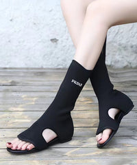 Black Hollow Out Peep Toe Boho Splicing Boots