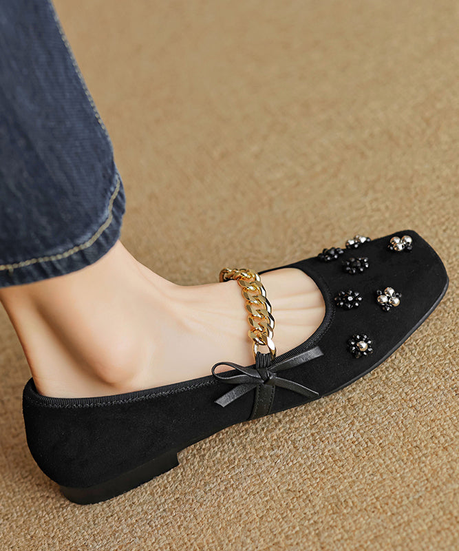 Bow Nail Bead Flat Feet Shoes Black Suede