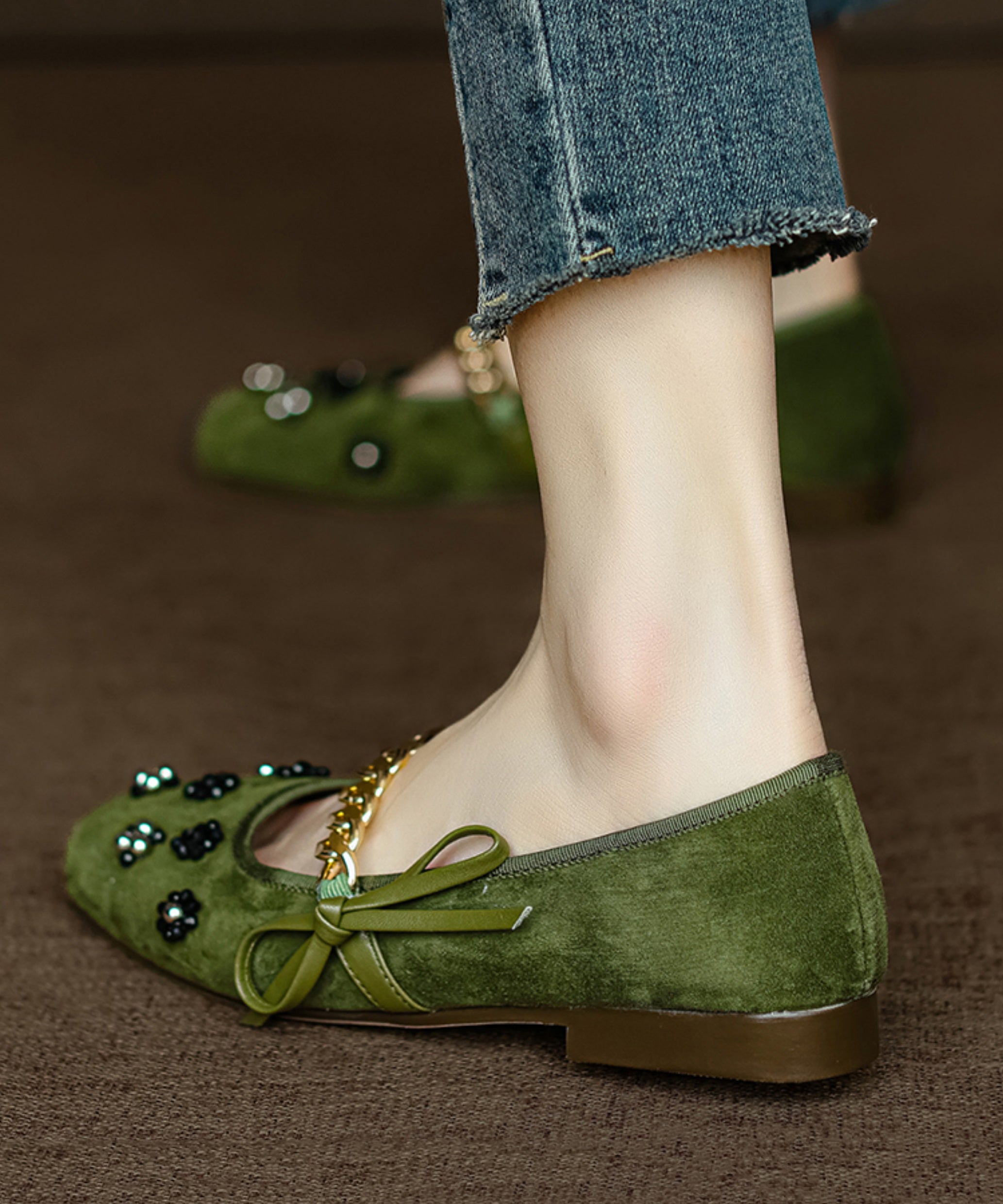 Bow Nail Bead Flat Feet Shoes Black Suede