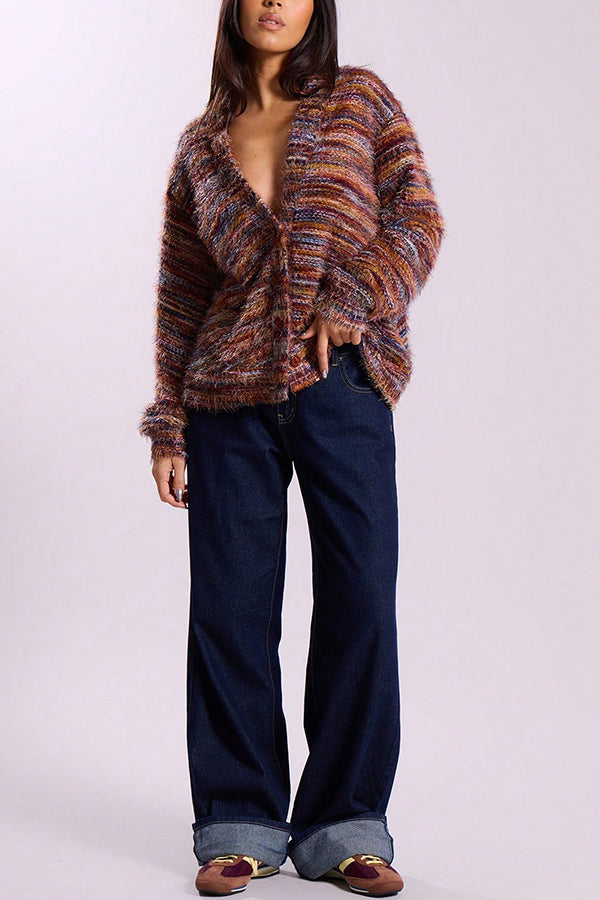Mixed Color Loose V-neck Casual Knit Cardigan