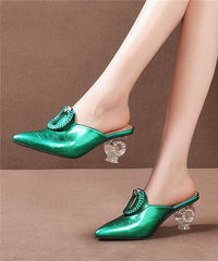 Pointed Toe Chunky Clear Heels Green Cowhide Leather Slide Sandals