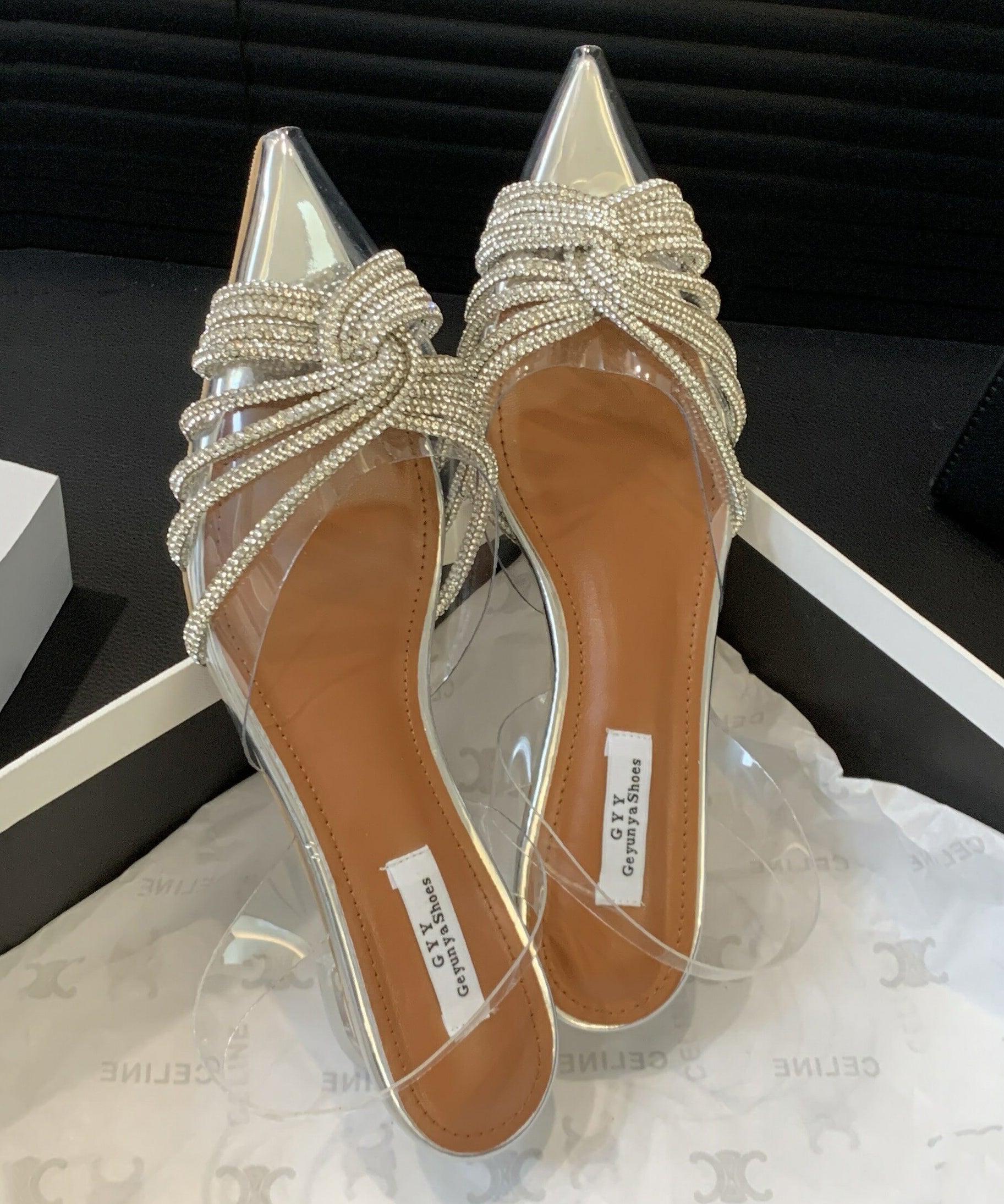 Silver Transparent Pointed Toe Zircon Slide Sandals