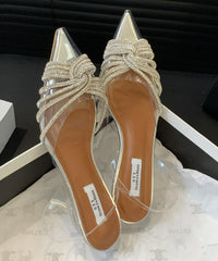 Silver Transparent Pointed Toe Zircon Slide Sandals