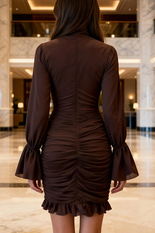 See-through Mesh High-neck Waist Pleated Ruffle Mini Dress