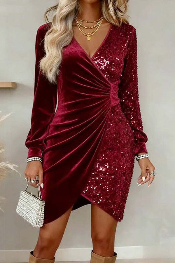 Velvet Sequined V-neck Long-sleeved Slim-fit Mini Dress