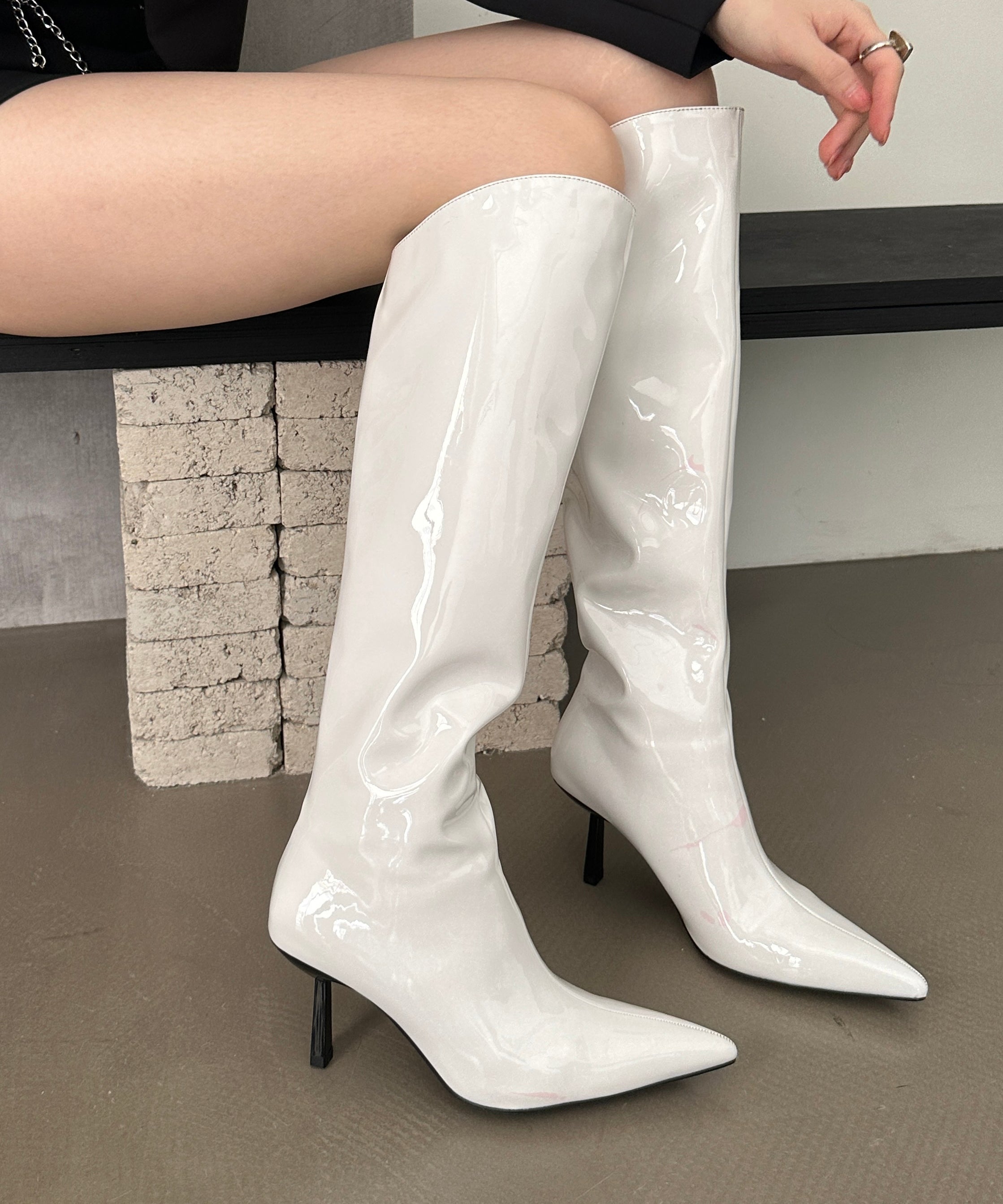 Red Faux Leather Stiletto Knee Boots Pointed Toe