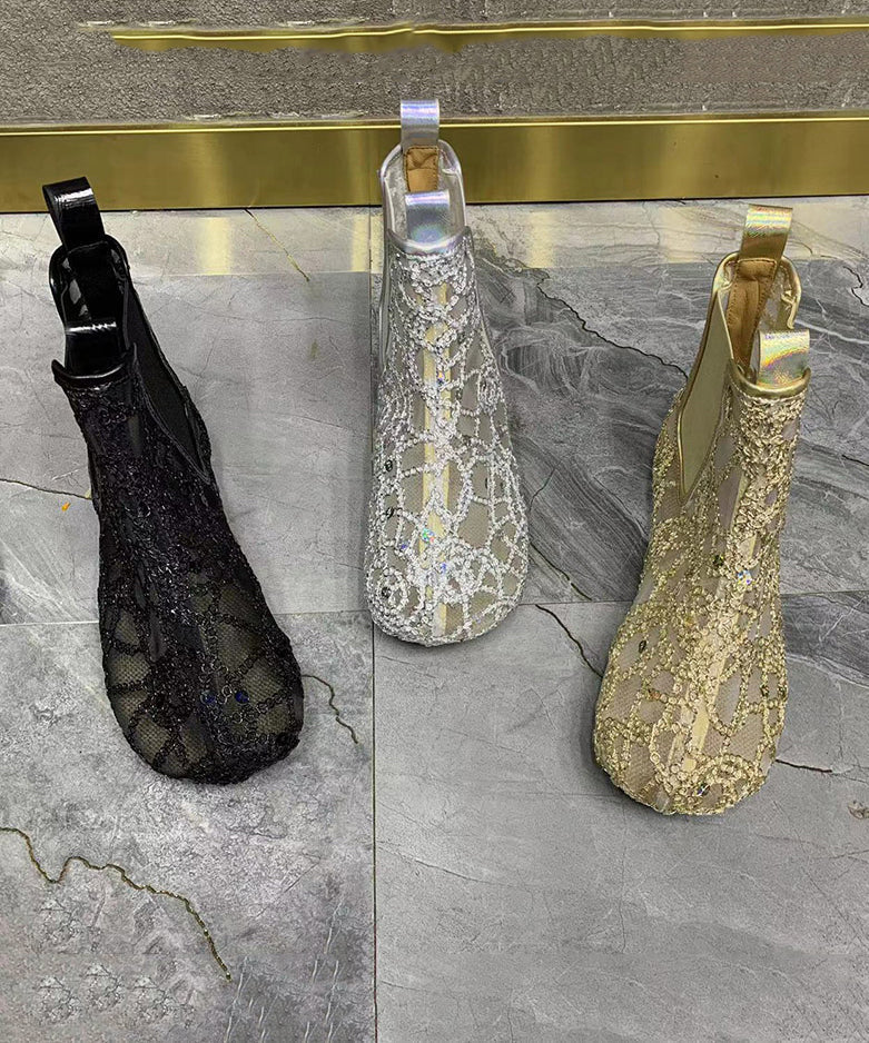 Black Boots Splicing Sequins Hollow Out Breathable Mesh