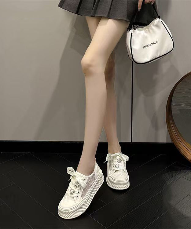 Comfy Beige Breathable Mesh Flat Feet Shoes Splicing Lace Up