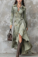 Tie Dye Long-sleeved Slim-fit Tie-waist Irregular Maxi Dress