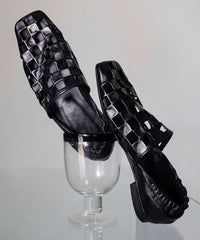 Black Cowhide Leather Hollow Out Loafer Shoes Splicing