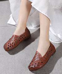 Casual Hollow Out Flat Feet Shoes Khaki Cowhide Leather Embossed Flats Shoes