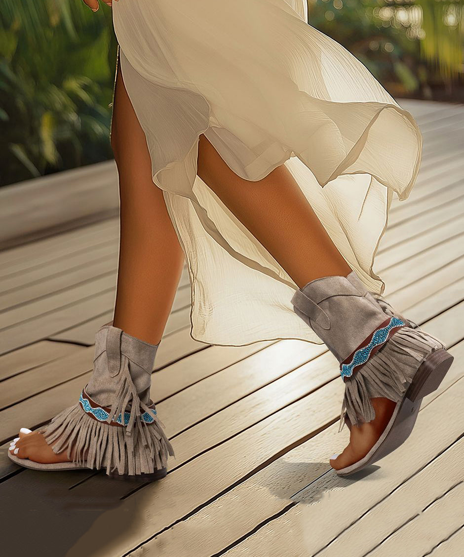 Grey Peep Toe Zircon Low Heel Sandals Boots Tasseled