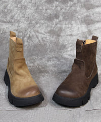 Khaki Boots Platform Zippered Cowhide Leather Chic Boots