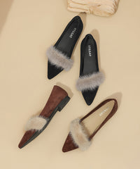 Autumn New Black Fuzzy Fur Splicing Pointed Comfortable Flat Shoes