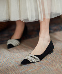 French Black Suede Flat Shoes Pointed Toe Splicing Nail Bead