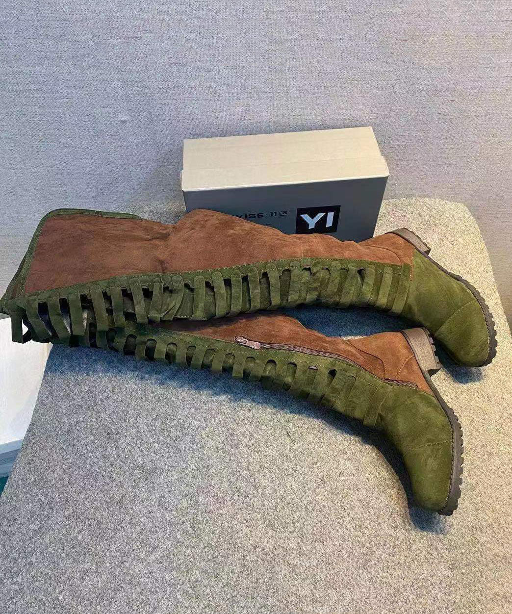 Splicing Zippered Chunky Knee Boots Green