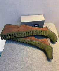 Splicing Zippered Chunky Knee Boots Green