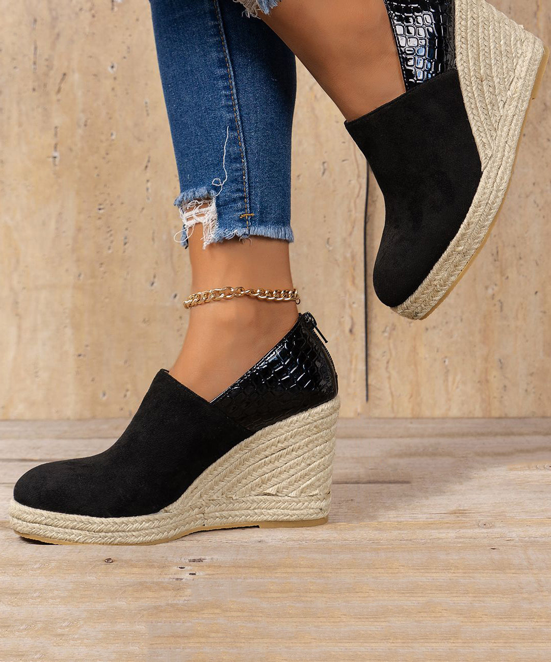 Black Splicing Suede High Wedge Heels Shoes Zippered