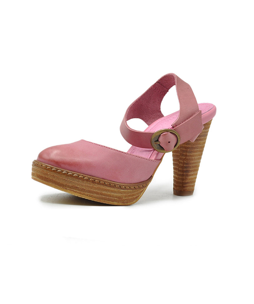 Comfy Splicing Chunky Heel Sandals Pink Cowhide Leather