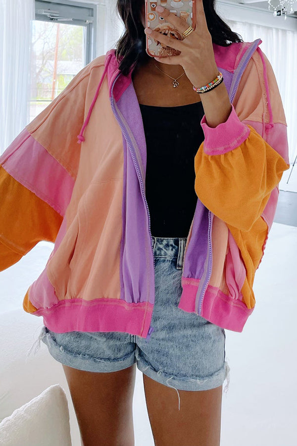Fresh Color Matching Loose Casual Hooded Jacket