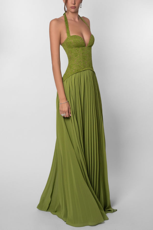 Elegant Lace Patchwork Halter Neck Tie Backless Pleated Maxi Dress
