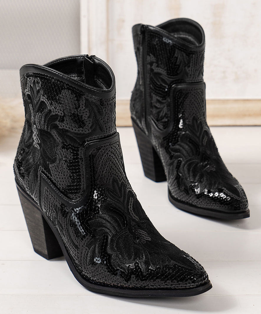 Chic Black Embossed Sequins Cotton Fabric Chunky Ankle Boots