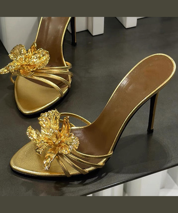 Black Stiletto Faux Leather Floral Splicing Slide Sandals