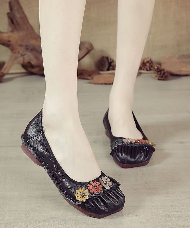 Retro Floral Splicing Flat Feet Shoes Black Cowhide Leather