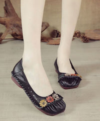 Retro Floral Splicing Flat Feet Shoes Black Cowhide Leather