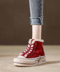 Casual Splicing Platform Flats Red Cowhide Leather Fuzzy Wool Lined