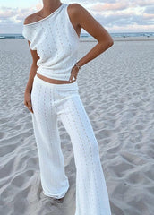 White Hollow Out Flatering Knit Vests And Straight Pants Two Piece Set Sleeveless