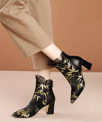 Black Embroidered Silk Splicing Cowhide Leather Chunky Boots