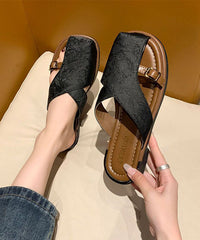 Black Hollow Out Print Satin Slide Sandals