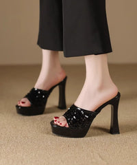 Sequins Splicing High Heel Black Slide Sandals Peep Toe