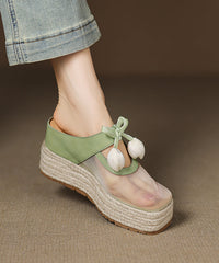 Pink Cowhide Leather Splicing Tulle Wedge Heels Slide Sandals