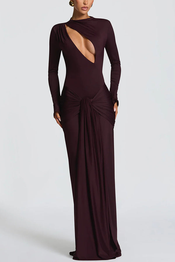 Cutout Fitted Long-sleeved Pleated Satin Ribbon Maxi Dresses