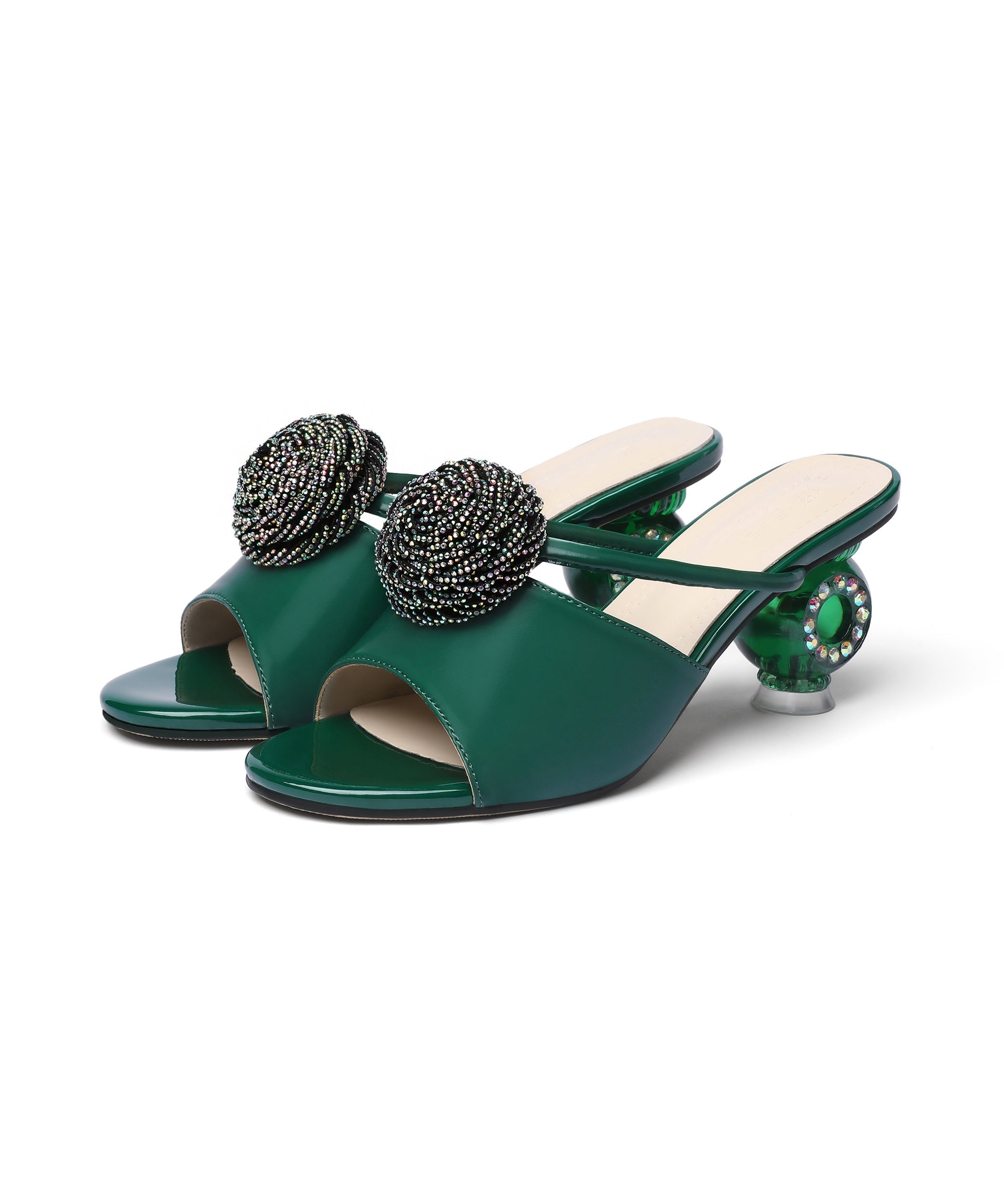 Crystal Chunky Heel Beige Slide Sandals Peep Toe