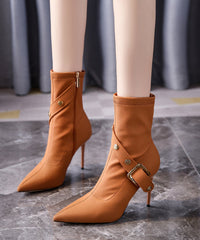 Light Coffee Stiletto Faux Leather Boots Splicing Zippered