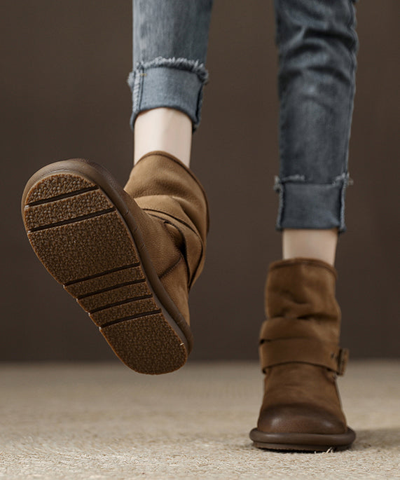Chocolate Cowhide Leather Comfy Buckle Strap Splicing Boots